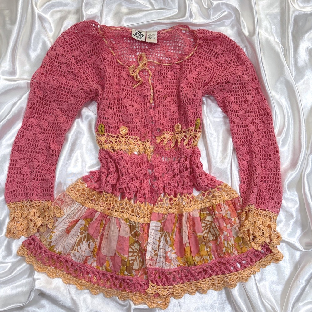 y2k Ivy Jane Crochet Cardigan Pink Excellent Boho Floral Peplum Top